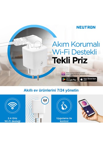 Akıllı Wi-Fi Destekli 16A Akım Korumalı Tekli Priz Uygulama Üzerinden Kontrol