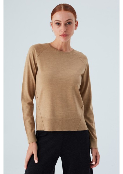 Vanessa Pullover Merino Yünlü Yanları Yırtmaçlı Ince Kadın Triko Kazak Camel Melanj