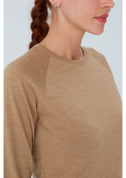 Vanessa Pullover Merino Yünlü Yanları Yırtmaçlı Ince Kadın Triko Kazak Camel Melanj