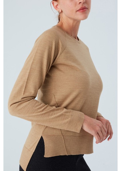 Vanessa Pullover Merino Yünlü Yanları Yırtmaçlı Ince Kadın Triko Kazak Camel Melanj