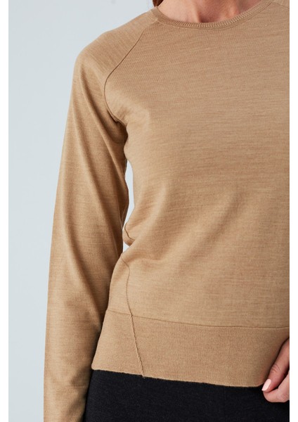 Vanessa Pullover Merino Yünlü Yanları Yırtmaçlı Ince Kadın Triko Kazak Camel Melanj