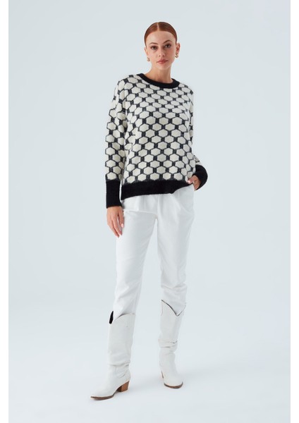 Donna Pullover Petek Desenli Kadın Triko Kazak Siyah/ekru