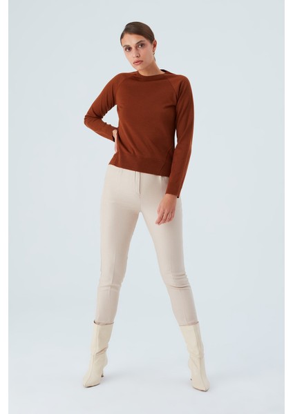 Vanessa Pullover Merino Yünlü Yanları Yırtmaçlı Ince Kadın Triko Kazak Kahve