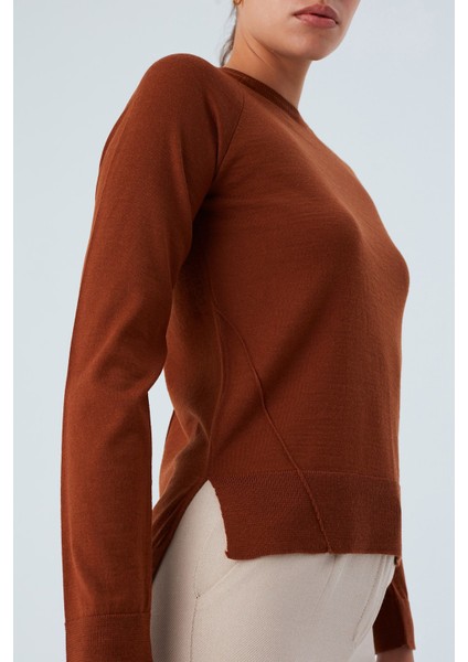 Vanessa Pullover Merino Yünlü Yanları Yırtmaçlı Ince Kadın Triko Kazak Kahve fırsatları