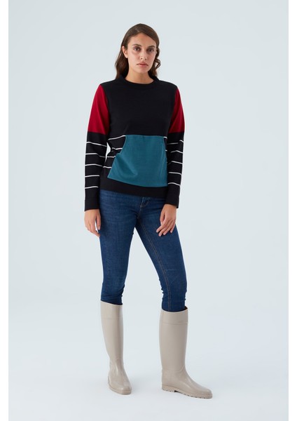 June Pullover %100 Pamuk Çizgili Kangru Cepli Kadın Triko Kazak siyah