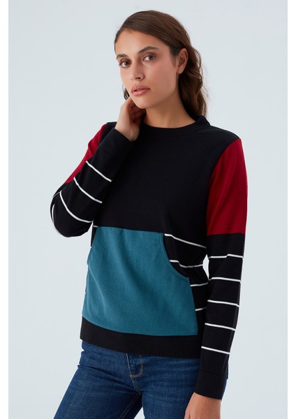 June Pullover %100 Pamuk Çizgili Kangru Cepli Kadın Triko Kazak siyah fiyatları