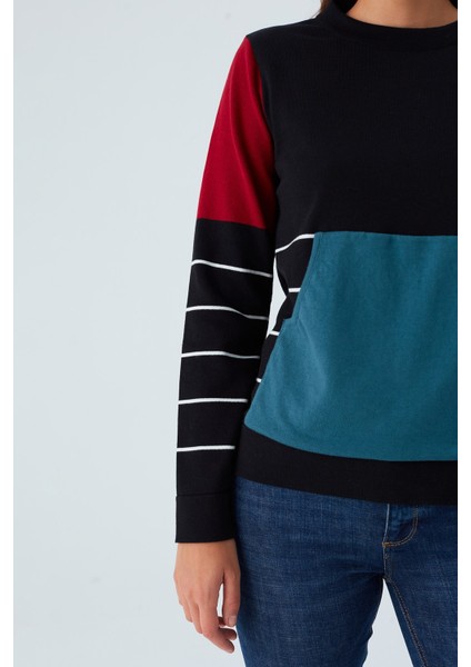 June Pullover %100 Pamuk Çizgili Kangru Cepli Kadın Triko Kazak siyah modelleri