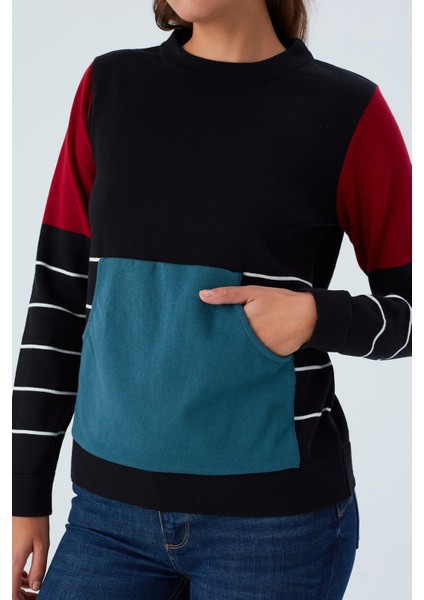 June Pullover %100 Pamuk Çizgili Kangru Cepli Kadın Triko Kazak siyah fırsatları