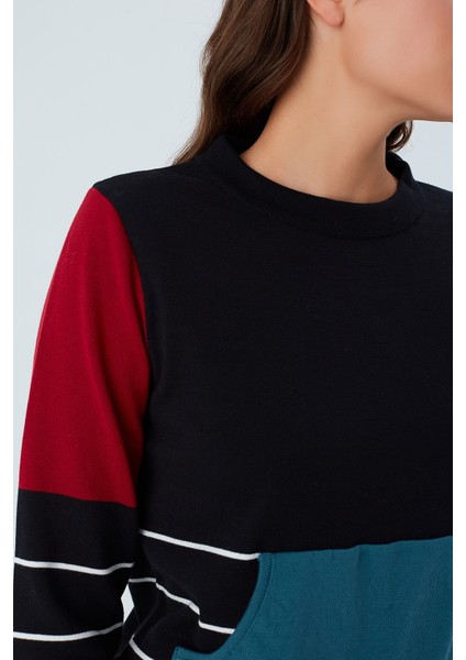 June Pullover %100 Pamuk Çizgili Kangru Cepli Kadın Triko Kazak siyah indirimleri