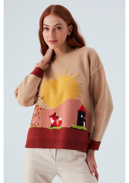 Sunny Pullover El Işlemeli Desenli Kadın Triko Kazak Bej/kahve