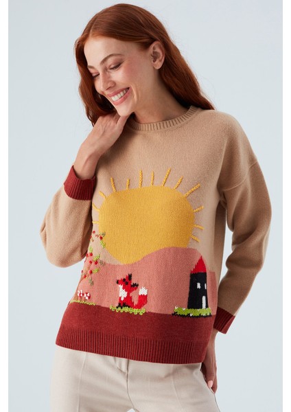 Sunny Pullover El Işlemeli Desenli Kadın Triko Kazak Bej/kahve