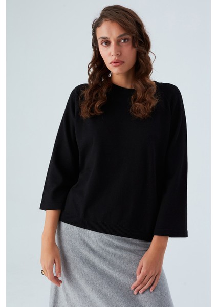 Nell Pullover Yanları Yırtmaçlı 3/4 Kol Ince Kadın Triko Kazak siyah fiyatları