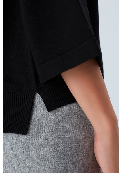 Nell Pullover Yanları Yırtmaçlı 3/4 Kol Ince Kadın Triko Kazak siyah fırsatları