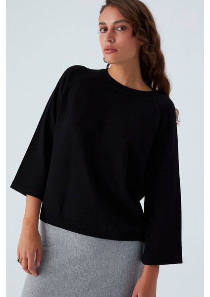 Nell Pullover Yanları Yırtmaçlı 3/4 Kol Ince Kadın Triko Kazak siyah indirimleri