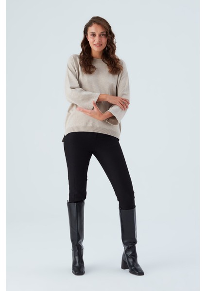 Nell Pullover Yanları Yırtmaçlı 3/4 Kol Ince Kadın Triko Kazak bej Melanj