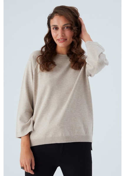 Nell Pullover Yanları Yırtmaçlı 3/4 Kol Ince Kadın Triko Kazak bej Melanj fiyatları