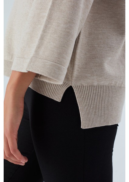 Nell Pullover Yanları Yırtmaçlı 3/4 Kol Ince Kadın Triko Kazak bej Melanj fırsatları