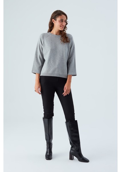 Nell Pullover Yanları Yırtmaçlı 3/4 Kol Ince Kadın Triko Kazak gri Melanj