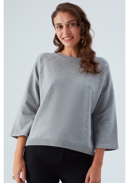 Nell Pullover Yanları Yırtmaçlı 3/4 Kol Ince Kadın Triko Kazak gri Melanj fiyatları