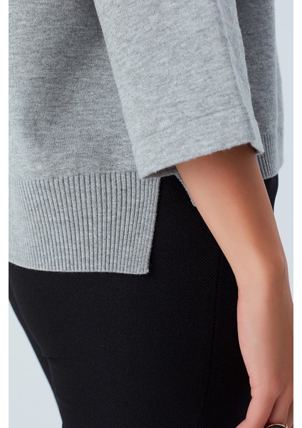 Nell Pullover Yanları Yırtmaçlı 3/4 Kol Ince Kadın Triko Kazak gri Melanj fırsatları