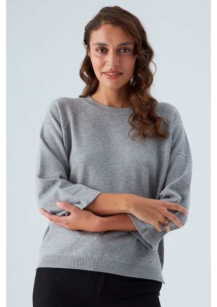 Nell Pullover Yanları Yırtmaçlı 3/4 Kol Ince Kadın Triko Kazak gri Melanj indirimleri