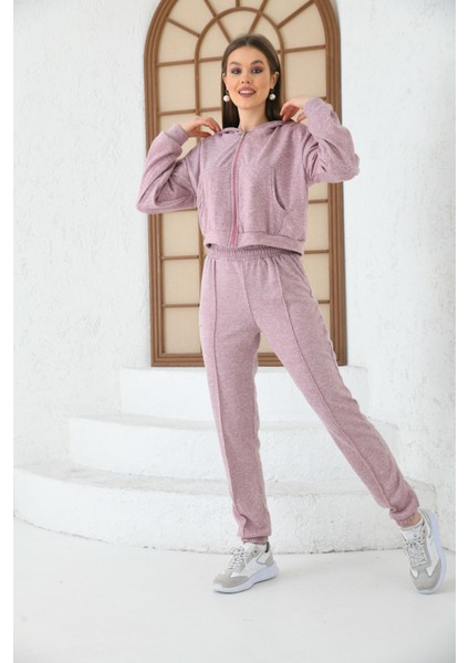 Kadın Lila Kapüşonlu Bel ve Paça Lastikli Şerit Detaylı Yumoş Eşofman Takımı10
