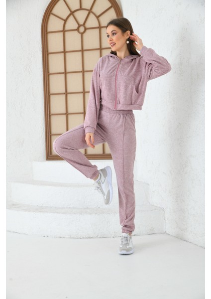 Kadın Lila Kapüşonlu Bel ve Paça Lastikli Şerit Detaylı Yumoş Eşofman Takımı10 fiyatları