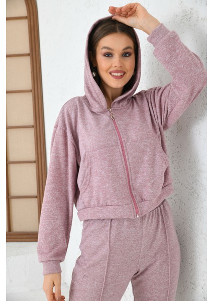 Kadın Lila Kapüşonlu Bel ve Paça Lastikli Şerit Detaylı Yumoş Eşofman Takımı10 modelleri