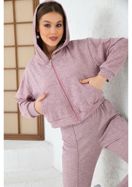 Kadın Lila Kapüşonlu Bel ve Paça Lastikli Şerit Detaylı Yumoş Eşofman Takımı10 fırsatları