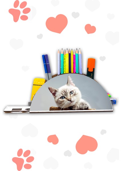 Ahşap Şirin Kedi Gökkuşağı Cetvelli Masaüstü Kalemlik Kutu Çocuklar Için Organizer NOTPAGK127