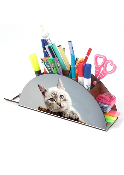 Ahşap Şirin Kedi Gökkuşağı Cetvelli Masaüstü Kalemlik Kutu Çocuklar Için Organizer NOTPAGK127 modelleri