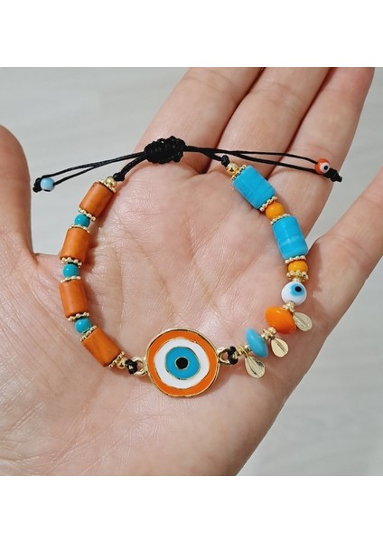 Turuncu Mavi Beyaz Mineli Altın Kaplama Nazar Boncuklu Hint Cam Boncuklu Bileklik modelleri