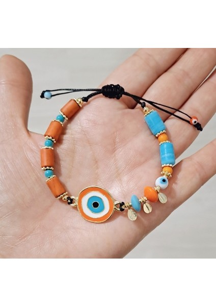Turuncu Mavi Beyaz Mineli Altın Kaplama Nazar Boncuklu Hint Cam Boncuklu Bileklik fırsatları
