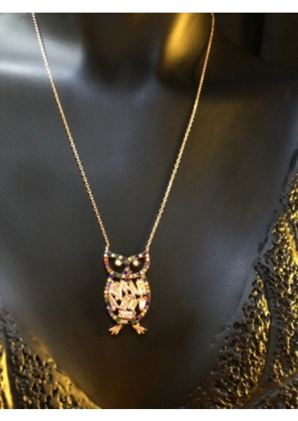 Mix Taşlı Baykuş Roze Renk Gümüş Kolye Sarı,beyaz Renk modelleri