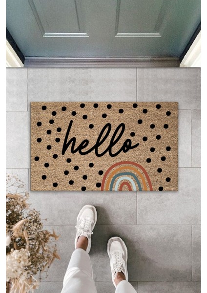 Gökkuşağı Desenli Hello Yazılı Modern Dekoratif Iç ve Dış Kapı Önü Paspası 70X45 cm