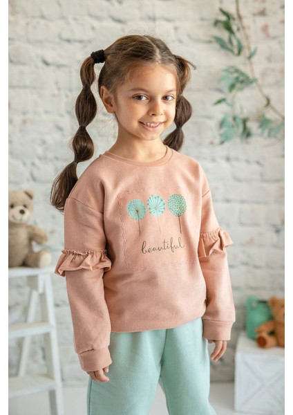 Kız Çocuk Kolları Fırfırlı Beautiful Baskılı Sweatshirt (2-7yaş)