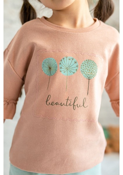 Kız Çocuk Kolları Fırfırlı Beautiful Baskılı Sweatshirt (2-7yaş)