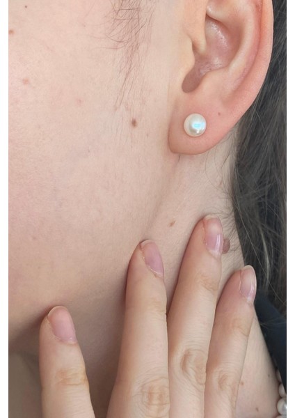 14 Ayar Altın Kadın 7 mm Sıralı Inci Kolye Küpe Ikili Set
