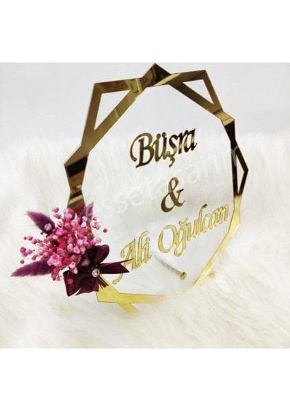 Organizasyon Şahika Esse Tasarım Çiçekli Masa Isimlik Pleksi Gold Gümüş 6gen 25X25