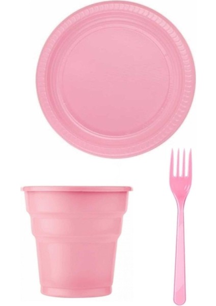 Boncukavm Pembe Plastik Tabak Çatak Bardak Seti 75 Parça