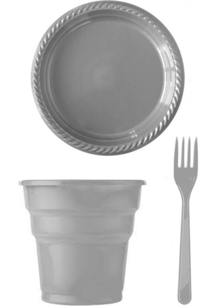 Boncukavm Gümüş Plastik Tabak Çatak Bardak Seti 75 Parça