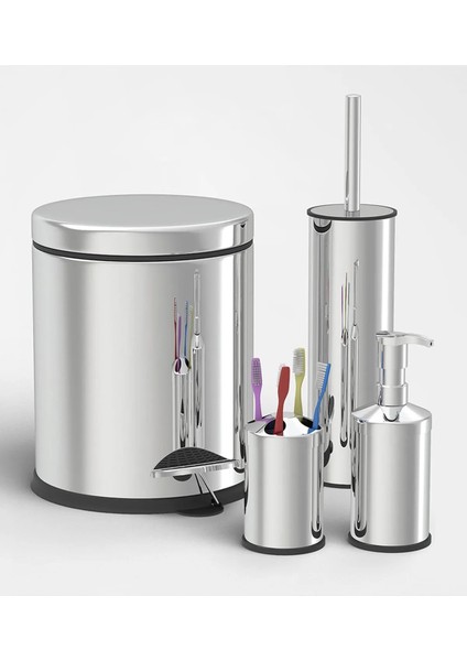 Gör Seç Paslanmaz 4'lü Set 3 Lt Pedallı Çöp Kovası Wc Klozet Tuvalet Fırça Sabunluk Diş Fırçalık Seti