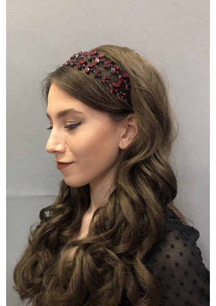 Hayalperest Boncuk Kadın Bordo Alfa Model Çift Sıra Gelin Kına Tacı modelleri