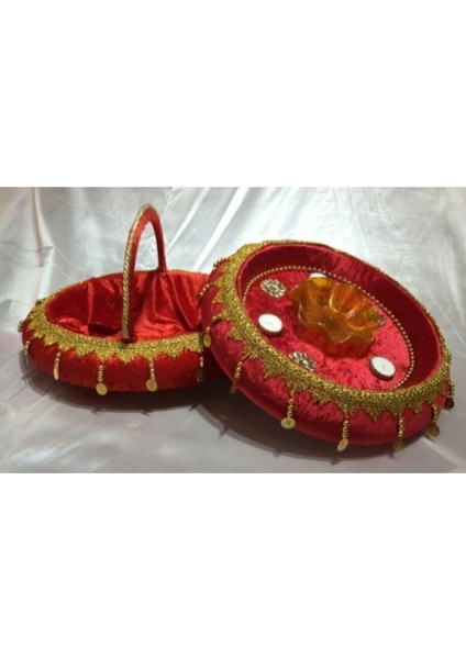 Köksal Kırmızı Kadife Kumaş Kaplı Kına Sepeti Tepsisi Kına Malzemeleri