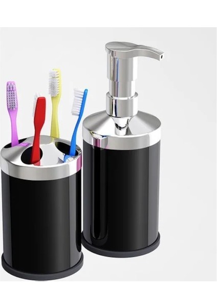 Gör Seç Siyah Paslanmaz Banyo Lavabo Tezgah Üstü Sıvı Sabunluk Diş Fırçalık Seti İkili Banyo Seti Çeyiz