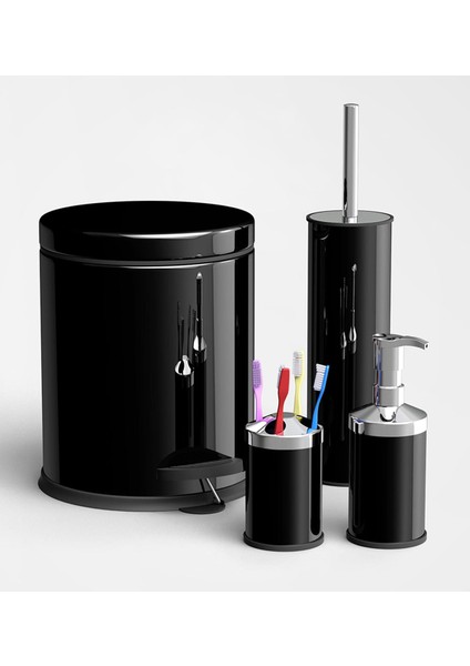 Gör Seç Siyah Çelik 4'lü Set 3 Lt Pedallı Çöp Kovası Wc Klozet Fırça Sabunluk Diş Fırçalık Banyo Seti