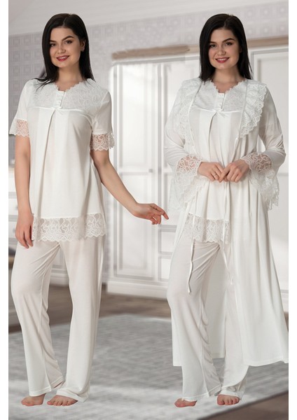 t 5044 Ekru Kolları Güpürlü Sabahlıklı Lohusa Pijama Takımı
