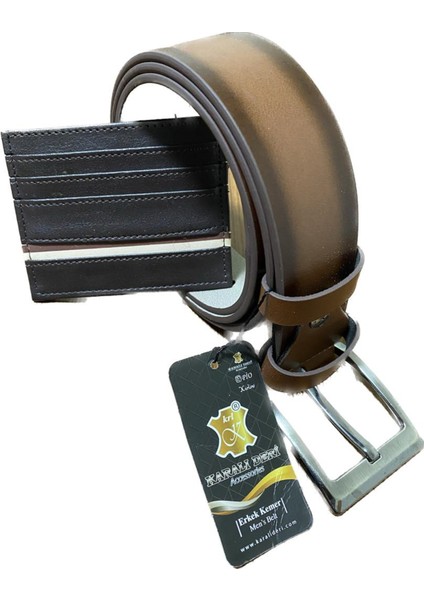 Karali Deri Karalı Erkek Kemer Kot ve Kanvasa Uygun Kahve Rengi 4097-3-125 cm