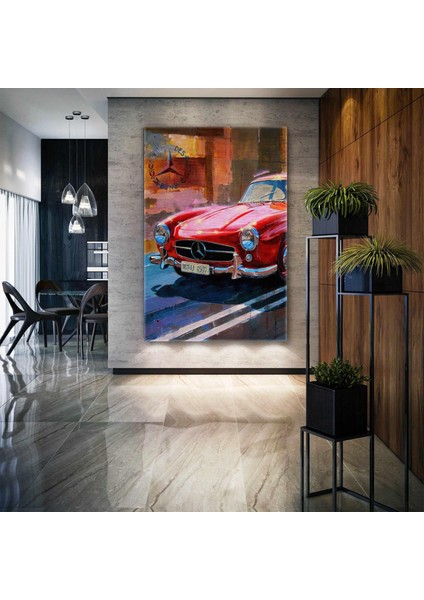 Kırmızı Klasik Araba Yağlı Boya Efekti Mercedes Benz 300 Sl Kanvas Tablo