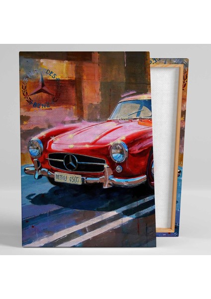 Kırmızı Klasik Araba Yağlı Boya Efekti Mercedes Benz 300 Sl Kanvas Tablo